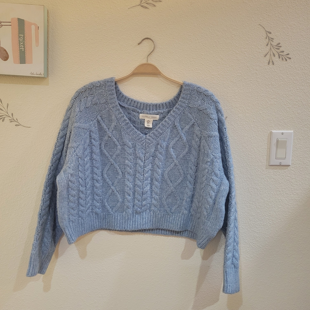 Happily Grey Cropped Women's Blue Cable Knit Sweater Size LARGE